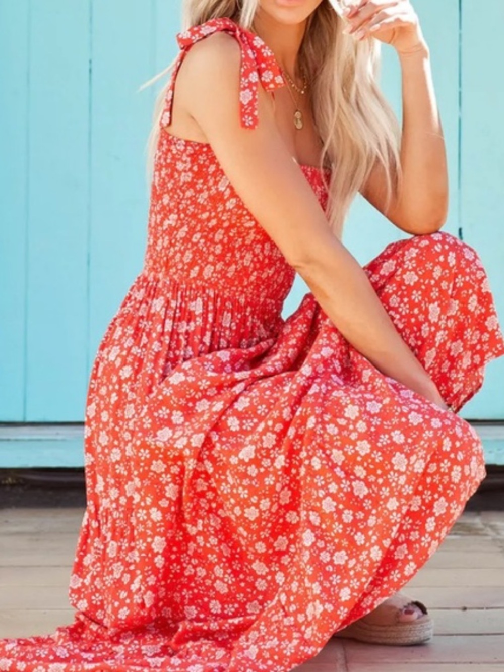 Red Floral Tie-Shoulder Maxi Dress